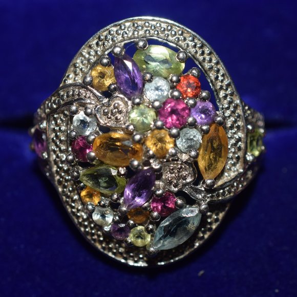 Boxed Sterling Silver Genuine Multi Gem Stoned Diamond Ring 9.3 Grams - Picture 7 of 9